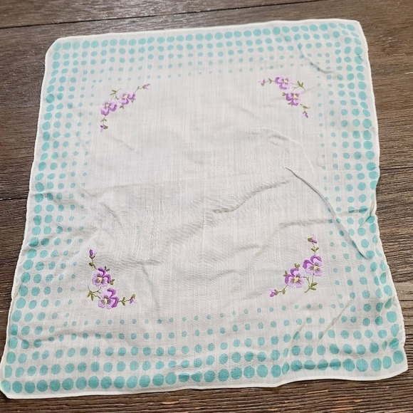 Vintage Blue Dot Purple Lilac Embroidered Square Handkerchief - Picture 1 of 8